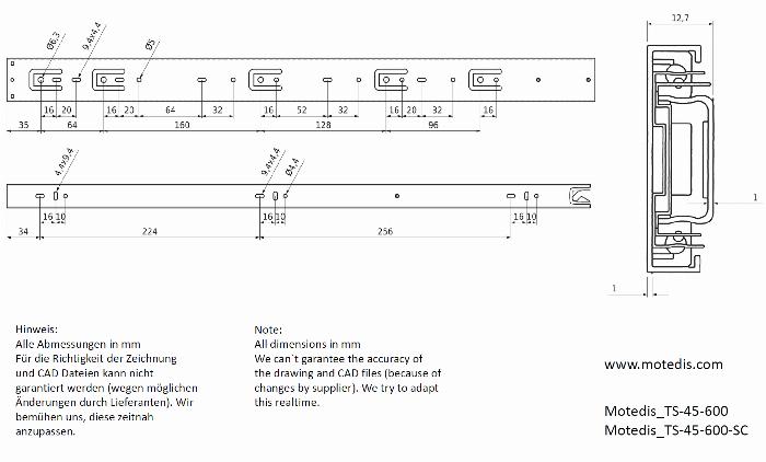 Telescopic slider 45 (full extension), soft close, L=600mm (1 pair)