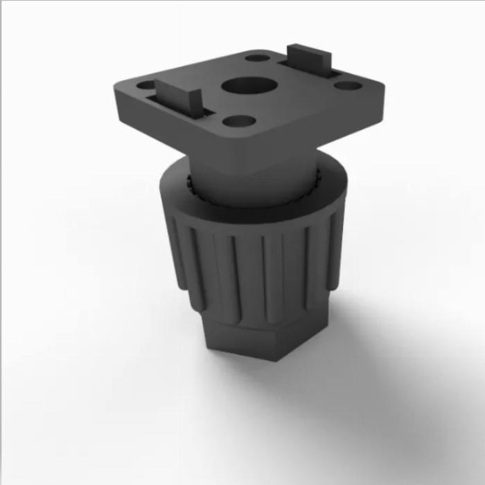  Compact, height-adjustable foot for mounting on aluminium profiles.