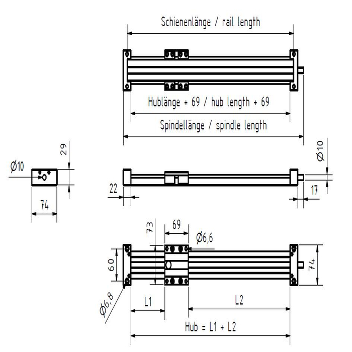 Drylin SLW-1040 Drive System Kit 10x2 Trapezoidal Threaded Spindle, 600mm Hub