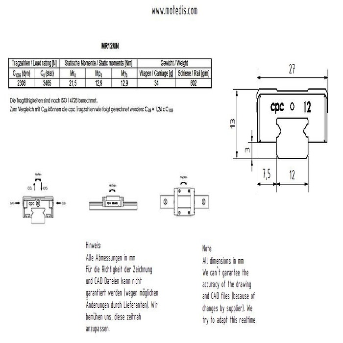 Edelstahl-Profilschienenführung Miniatur MR12M-N, L = 500mm