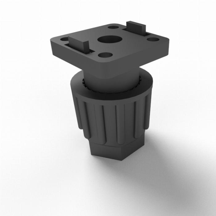 Compact, height-adjustable foot for mounting on aluminium profiles
