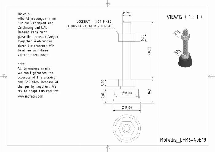 Leveling foot D19 M6*40 in zinc and nylon, perfect for uneven floors or mobile installations