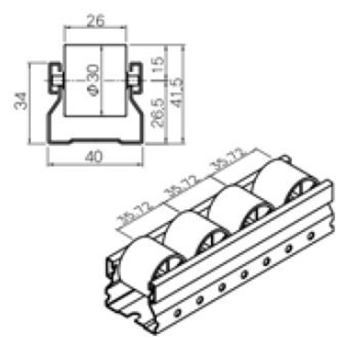 Rollenschlitten 40 mm weiße Rollen mit flacher Oberseite, Länge ca. 1980 mm (Toleranz /-2 mm)