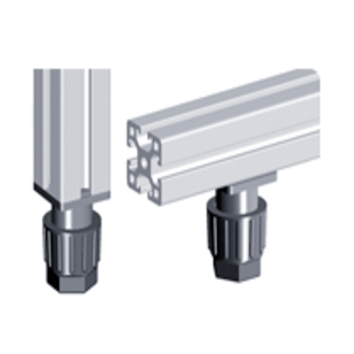  Compact, height-adjustable foot for mounting on aluminium profiles.